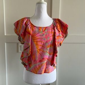Farm Rio Tropical Pink Ruffle Sleeve Top